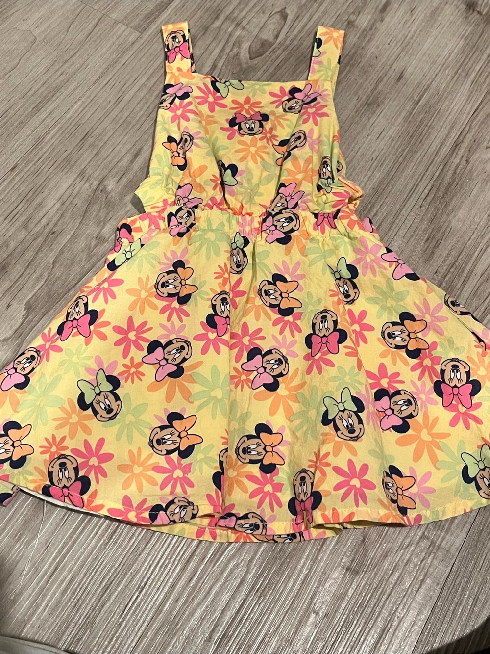 Girls Yellow Floral Minnie Mouse Pinafore Dress with side cutouts